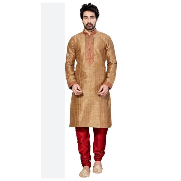 NWT Modfit Ethnic Mens Size 38 Gold Art Kurta Pajama Indian‎ Traditional Set - Picture 1 of 16